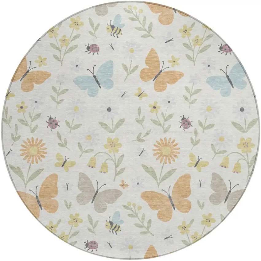 8' Ivory And Cream Round Abstract Washable Indoor Outdoor Area Rug Photo 2