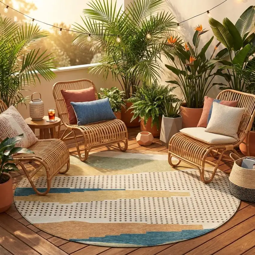 8' Ivory And Cream Round Abstract Washable Indoor Outdoor Area Rug Photo 1