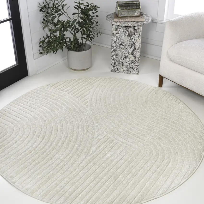 8' Ivory And Cream Round Striped Indoor Outdoor Area Rug Photo 4
