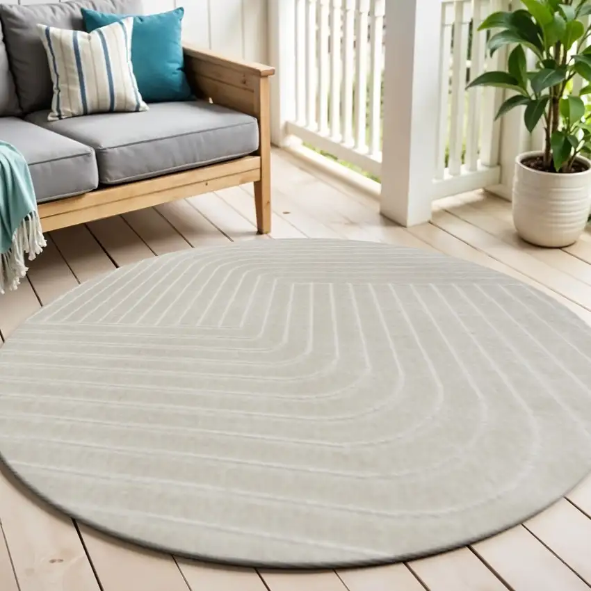 5' Ivory And Cream Round Striped Indoor Outdoor Area Rug Photo 1