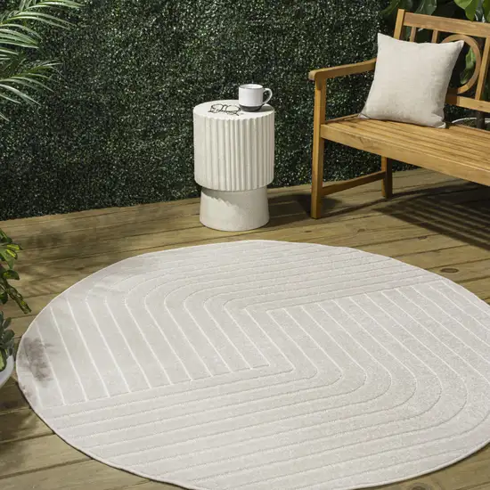 5' Ivory And Cream Round Striped Indoor Outdoor Area Rug Photo 5
