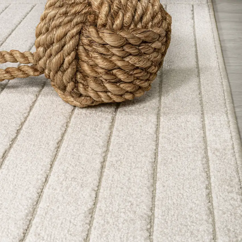 5' Ivory And Cream Round Striped Indoor Outdoor Area Rug Photo 9