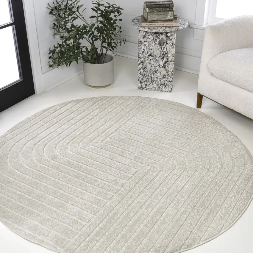 7' Ivory And Cream Round Striped Indoor Outdoor Area Rug Photo 4