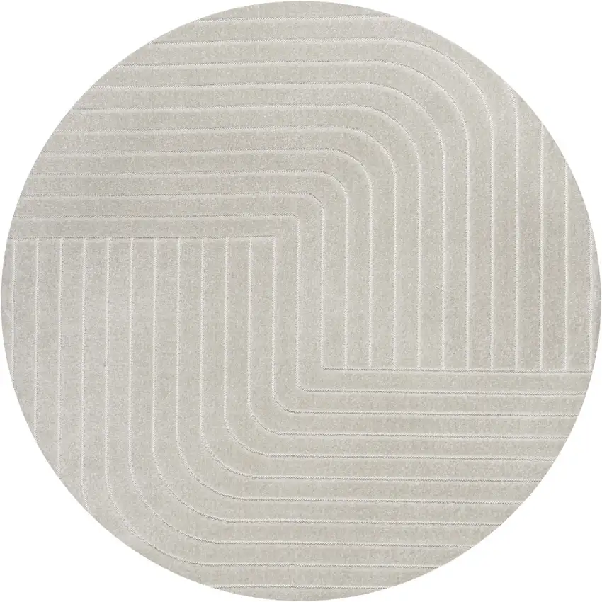 8' Ivory And Cream Round Striped Indoor Outdoor Area Rug Photo 3