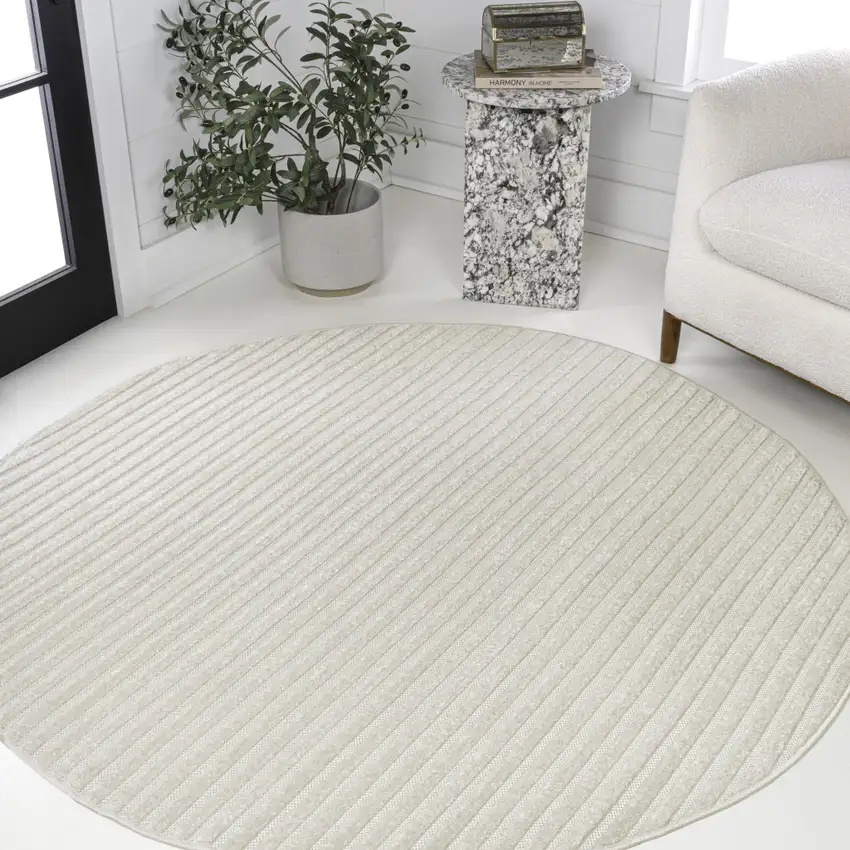 5' Ivory And Cream Round Striped Indoor Outdoor Area Rug Photo 4