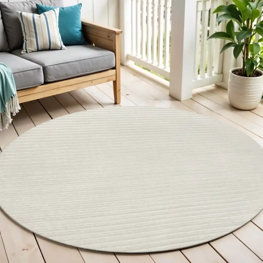6' Ivory And Cream Round Striped Indoor Outdoor Area Rug Photo 1
