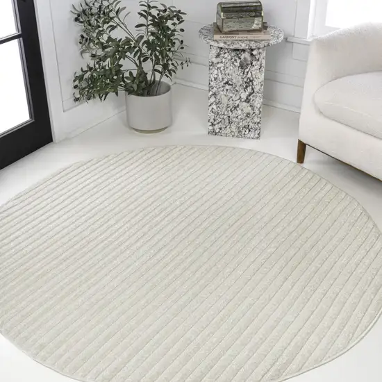 8' Ivory And Cream Round Striped Indoor Outdoor Area Rug Photo 4
