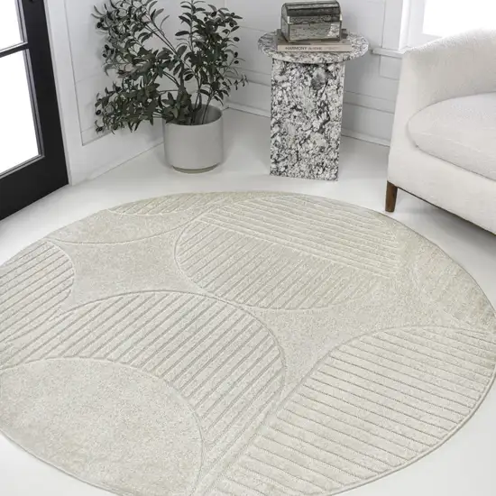9' Ivory And Cream Round Striped Indoor Outdoor Area Rug Photo 4