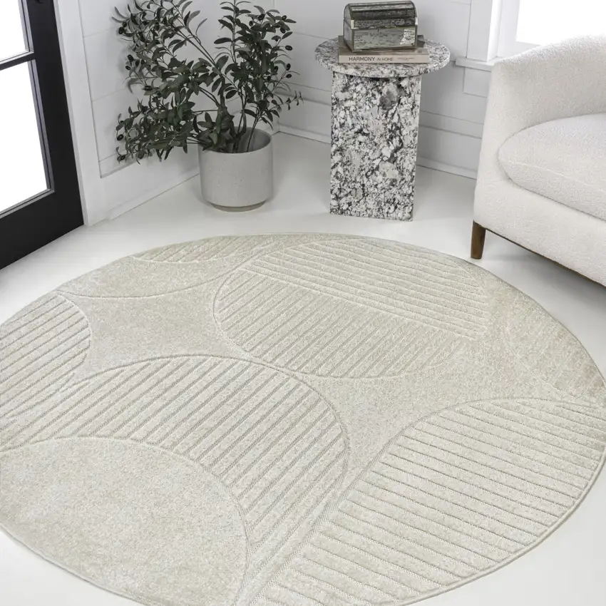 9' Ivory And Cream Round Striped Indoor Outdoor Area Rug Photo 4