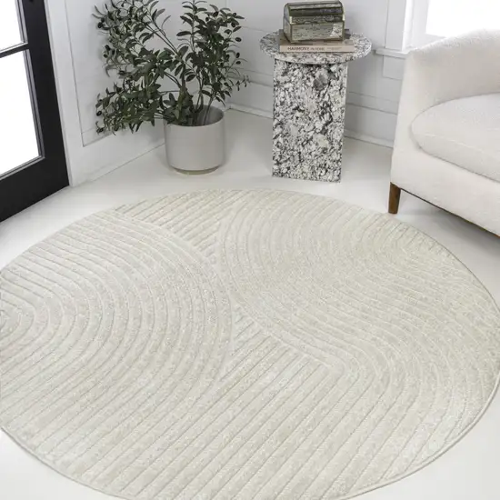 9' Ivory And Cream Round Striped Indoor Outdoor Area Rug Photo 4