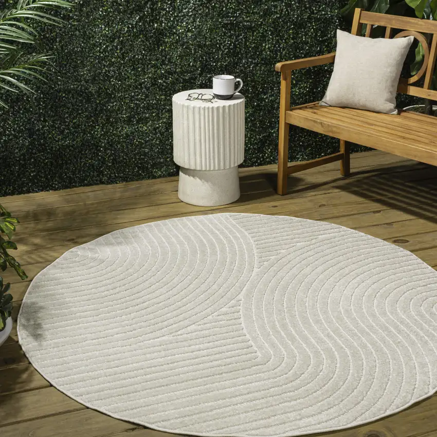 9' Ivory And Cream Round Striped Indoor Outdoor Area Rug Photo 5