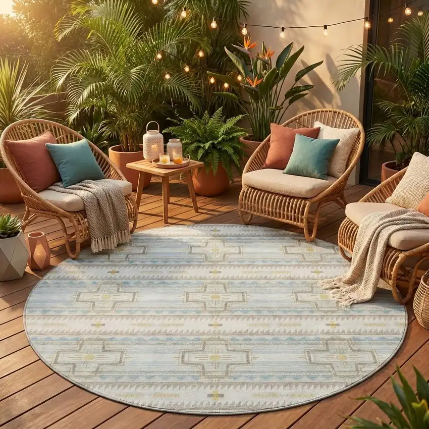 8' Ivory And Cream Round Tribal Washable Indoor Outdoor Area Rug Photo 1