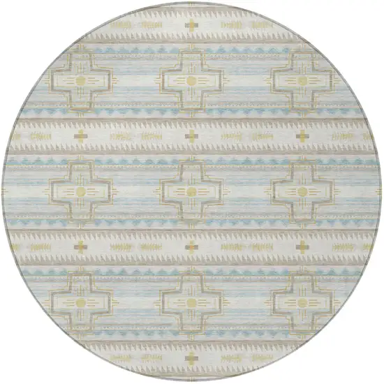 8' Ivory And Cream Round Tribal Washable Indoor Outdoor Area Rug Photo 4