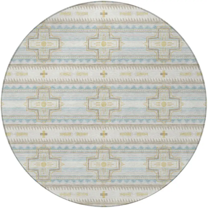 8' Ivory And Cream Round Tribal Washable Indoor Outdoor Area Rug Photo 4