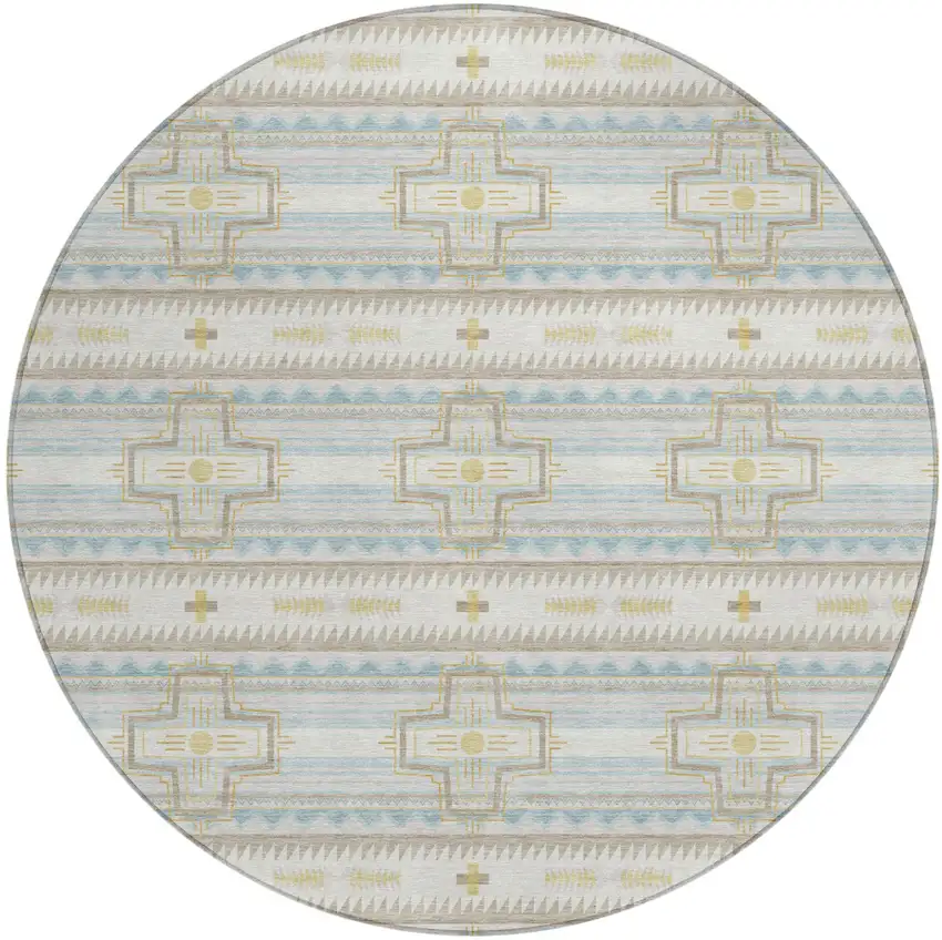 8' Ivory And Cream Round Tribal Washable Indoor Outdoor Area Rug Photo 3
