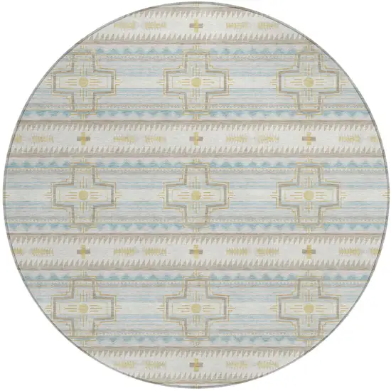 8' Ivory And Cream Round Tribal Washable Indoor Outdoor Area Rug Photo 3