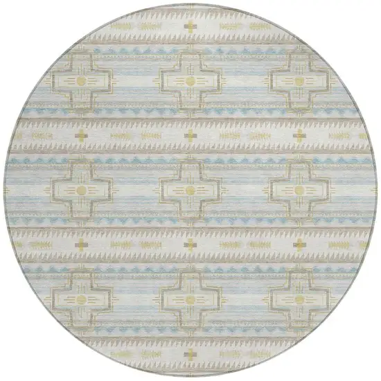 8' Ivory And Cream Round Tribal Washable Indoor Outdoor Area Rug Photo 2
