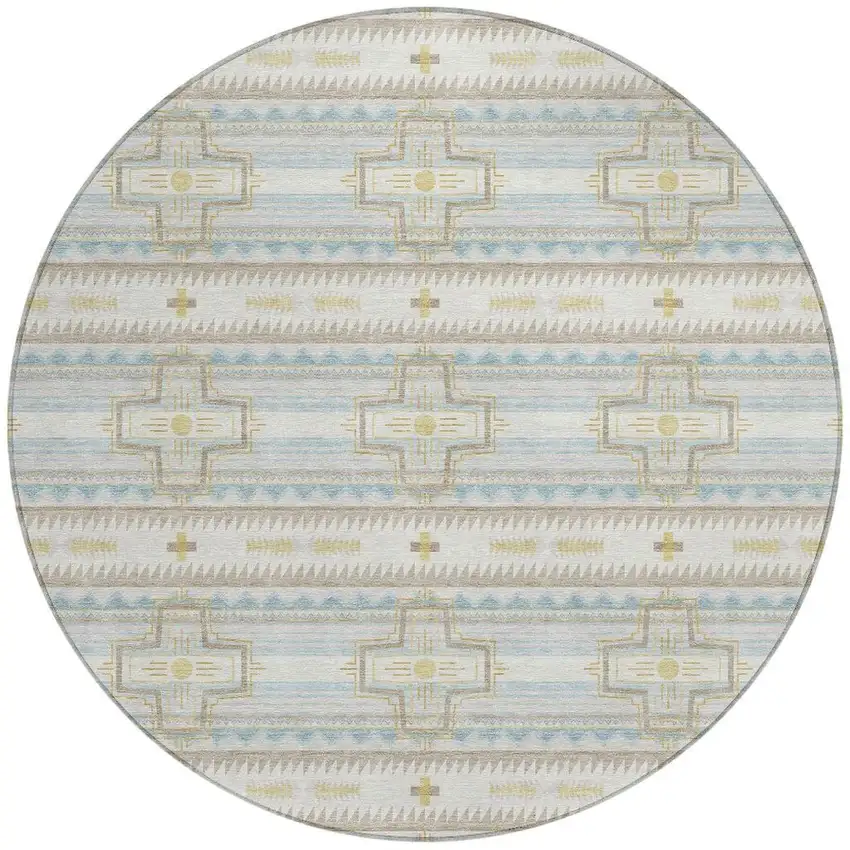 8' Ivory And Cream Round Tribal Washable Indoor Outdoor Area Rug Photo 2