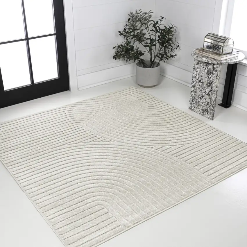 5' Ivory And Cream Square Striped Indoor Outdoor Area Rug Photo 2