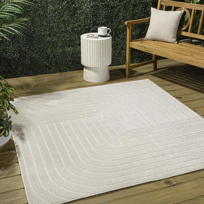 5' Ivory And Cream Square Striped Indoor Outdoor Area Rug Photo 4