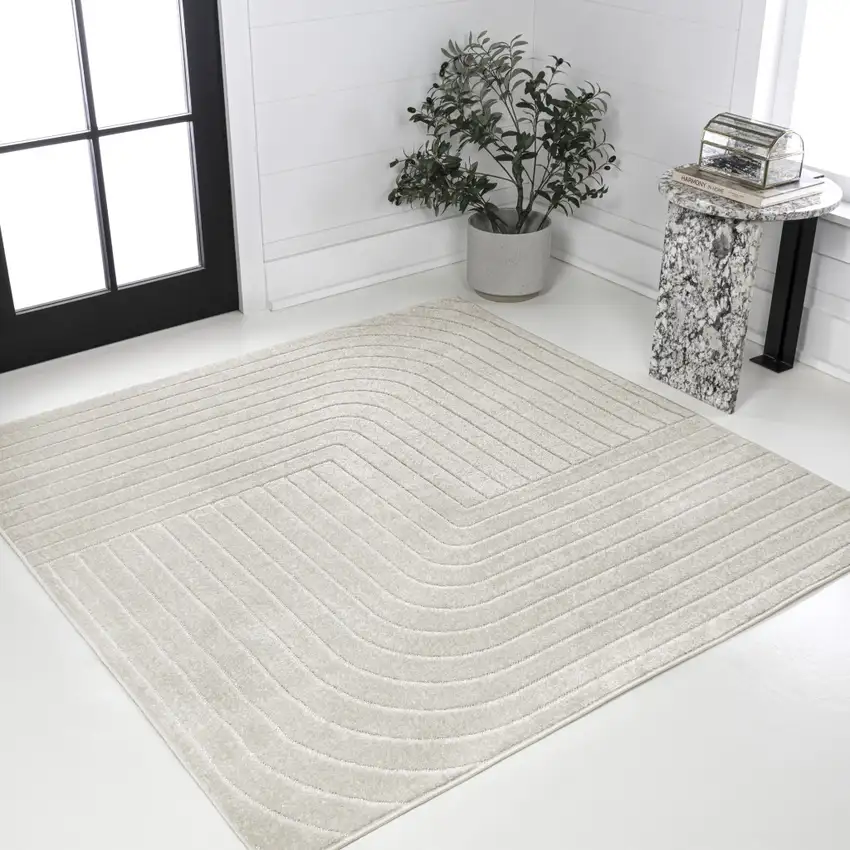 9' Ivory And Cream Square Striped Indoor Outdoor Area Rug Photo 3