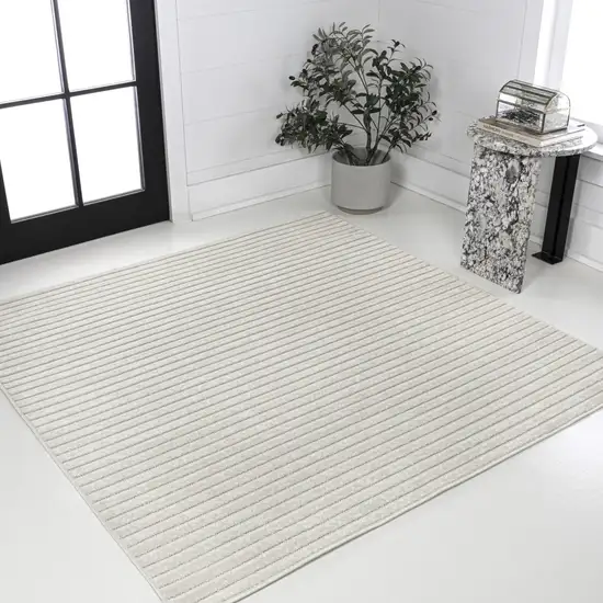 5' Ivory And Cream Square Striped Indoor Outdoor Area Rug Photo 4