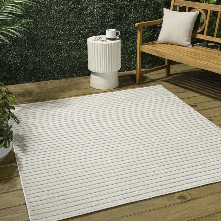9' Ivory And Cream Square Striped Indoor Outdoor Area Rug Photo 4