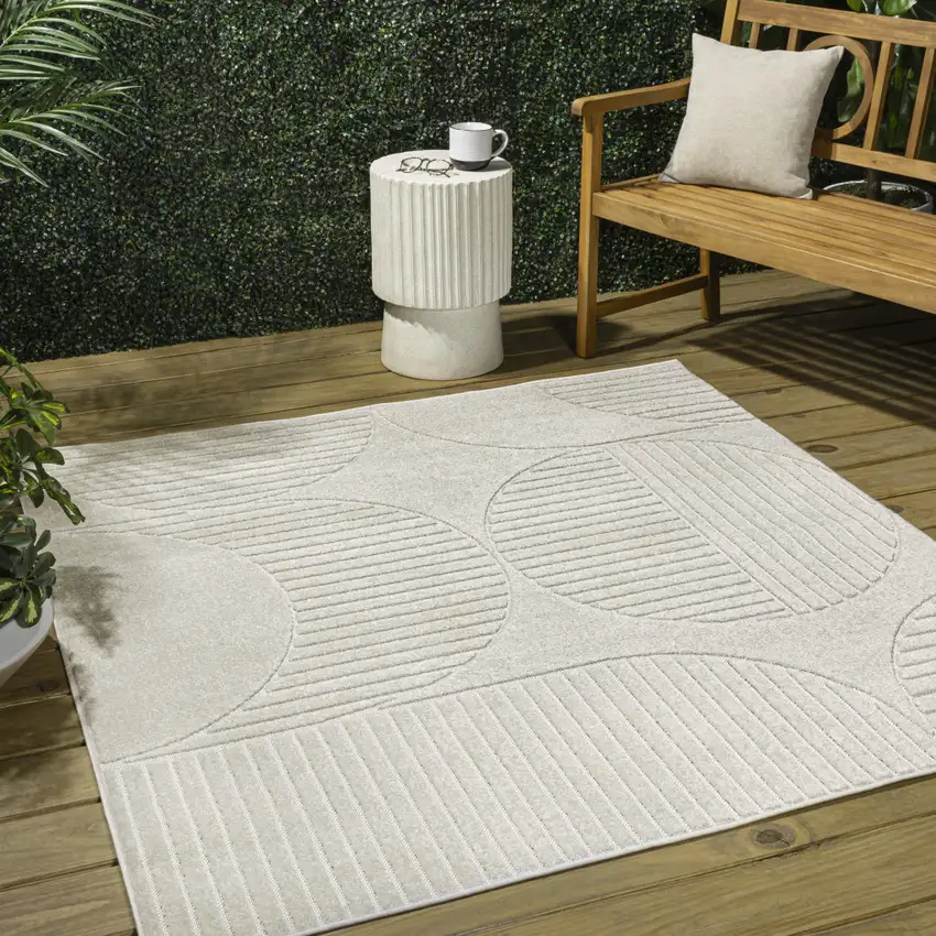 6' Ivory And Cream Square Striped Indoor Outdoor Area Rug Photo 3