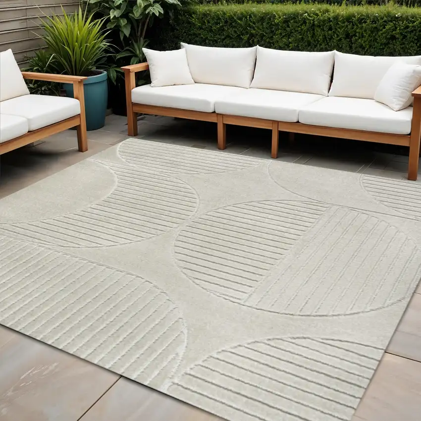 8' Ivory And Cream Square Striped Indoor Outdoor Area Rug Photo 1