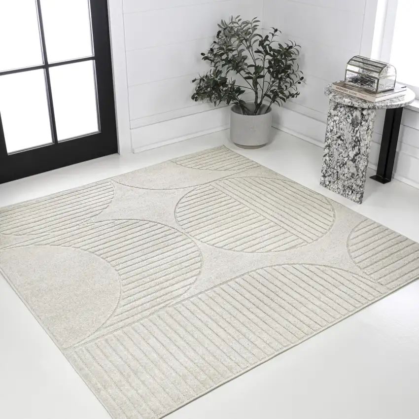 9' Ivory And Cream Square Striped Indoor Outdoor Area Rug Photo 2