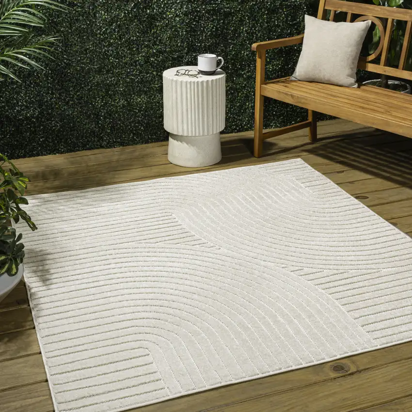 9' Ivory And Cream Square Striped Indoor Outdoor Area Rug Photo 3