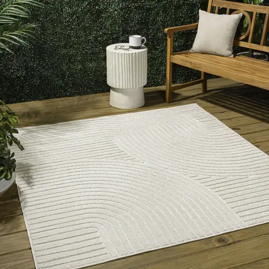 9' Ivory And Cream Square Striped Indoor Outdoor Area Rug Photo 3