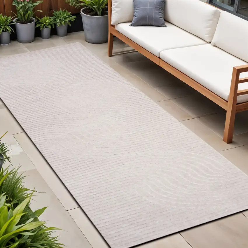 10' Ivory And Cream Striped Indoor Outdoor Runner Rug Photo 1