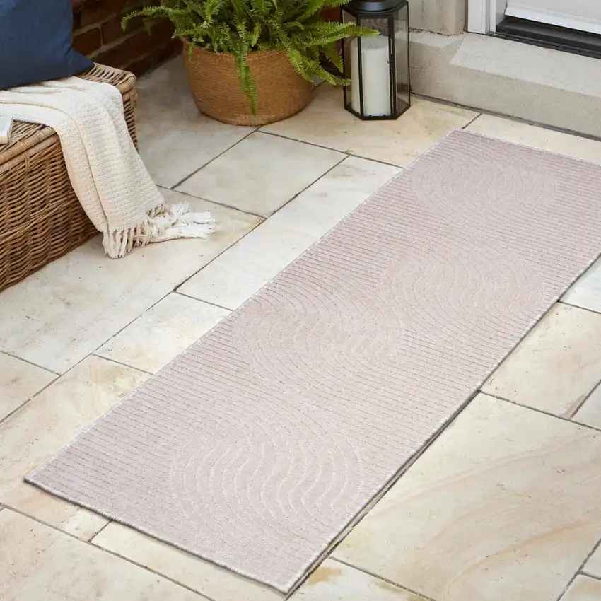 10' Ivory And Cream Striped Indoor Outdoor Runner Rug Photo 4