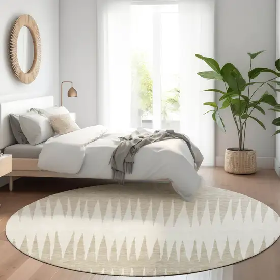 8' Ivory And Cream Striped Washable Round Rug With UV Protection Photo 5