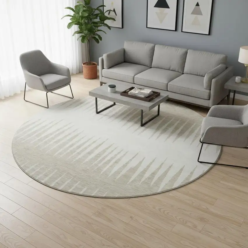 8' Ivory And Cream Striped Washable Round Rug With UV Protection Photo 2