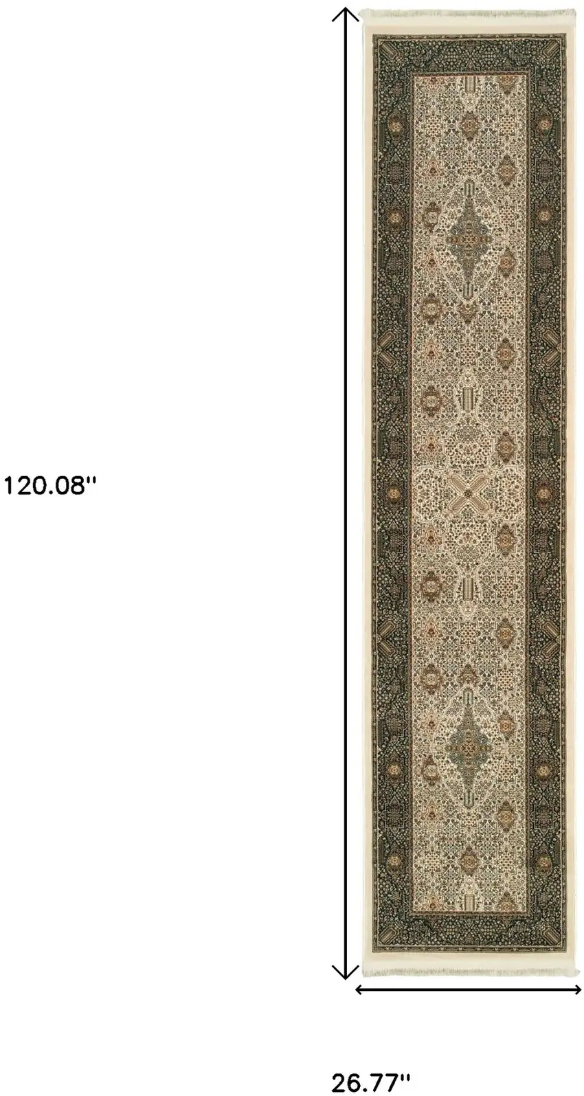 10' Ivory And Dark Blue Medallion Runner Rug With Fringe Photo 3