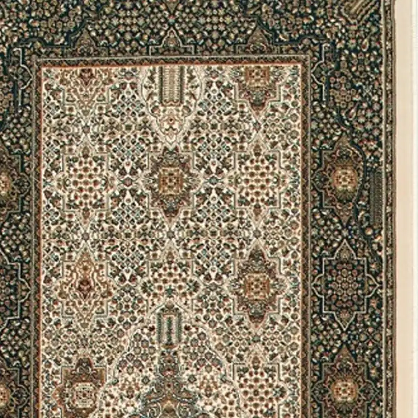 10' Ivory And Dark Blue Medallion Runner Rug With Fringe Photo 4