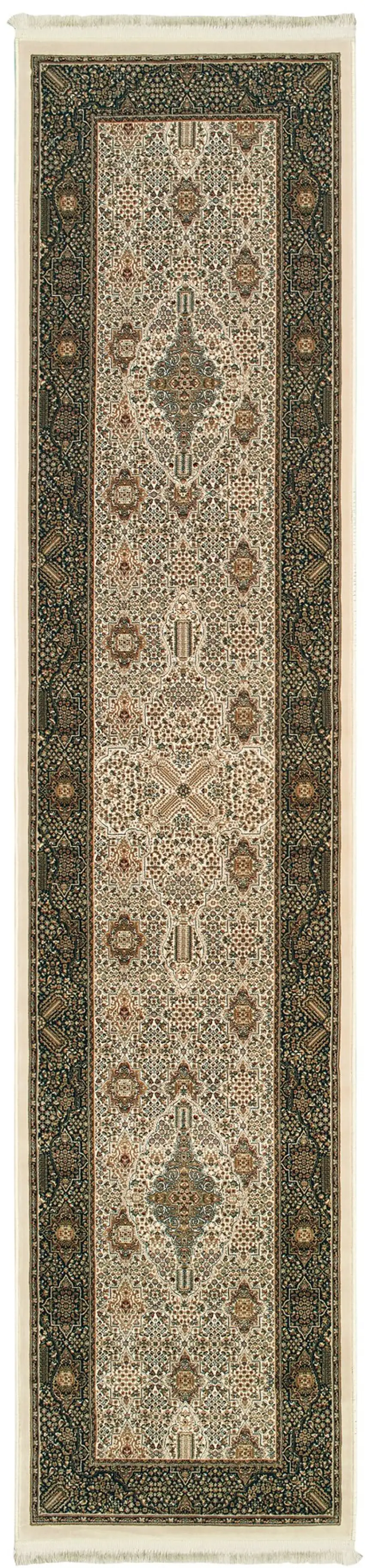 10' Ivory And Dark Blue Medallion Runner Rug With Fringe Photo 2