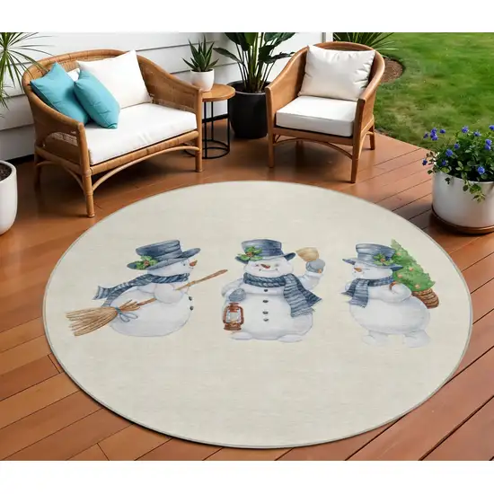 8' Ivory And Denim Blue Round Botanical Leaves Washable Indoor Outdoor Area Rug Photo 2