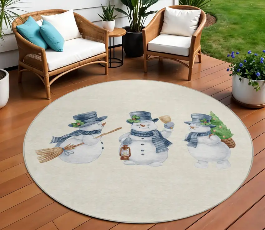 8' Ivory And Denim Blue Round Botanical Leaves Washable Indoor Outdoor Area Rug Photo 2