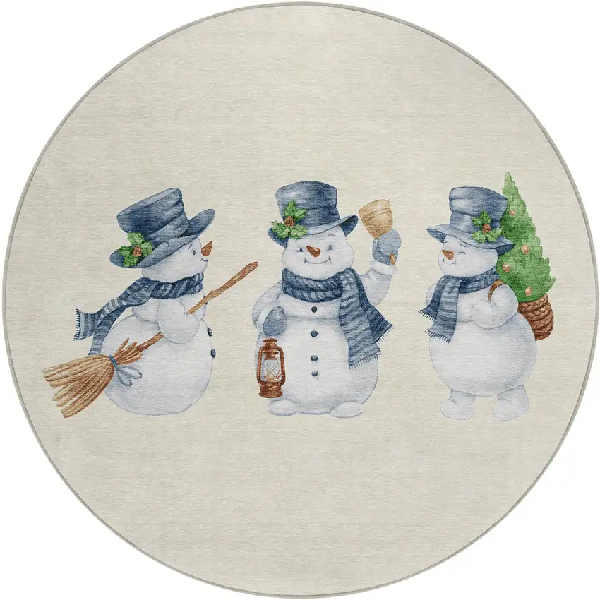 8' Ivory And Denim Blue Round Botanical Leaves Washable Indoor Outdoor Area Rug Photo 1