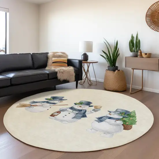 8' Ivory And Denim Blue Round Botanical Leaves Washable Indoor Outdoor Area Rug Photo 6