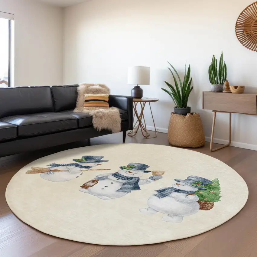 8' Ivory And Denim Blue Round Botanical Leaves Washable Indoor Outdoor Area Rug Photo 6