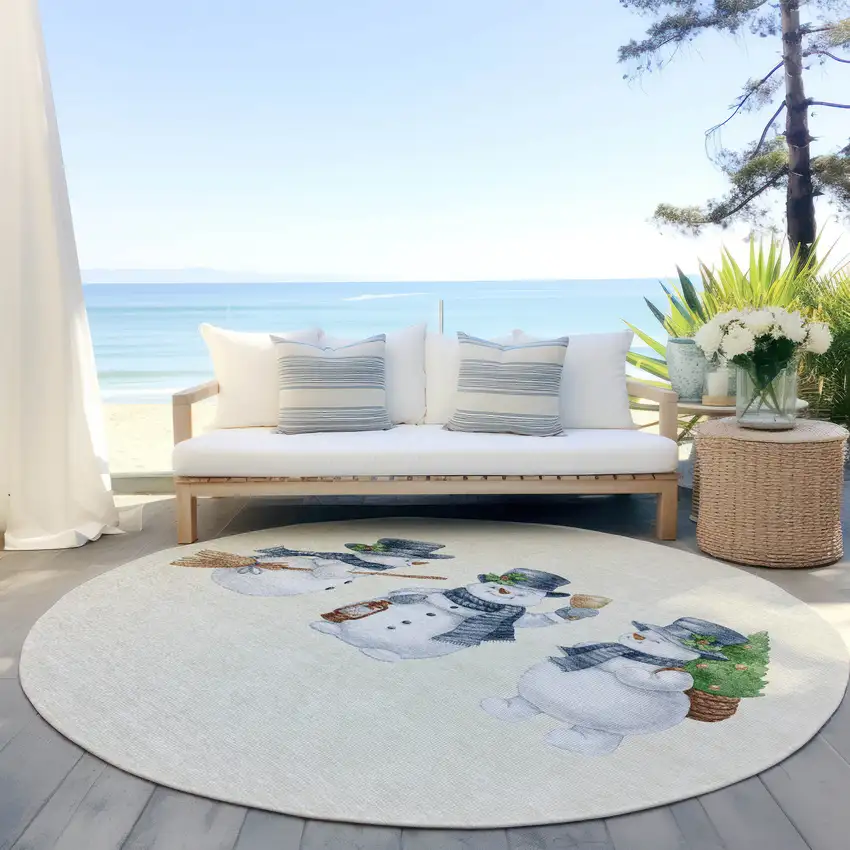 8' Ivory And Denim Blue Round Botanical Leaves Washable Indoor Outdoor Area Rug Photo 5