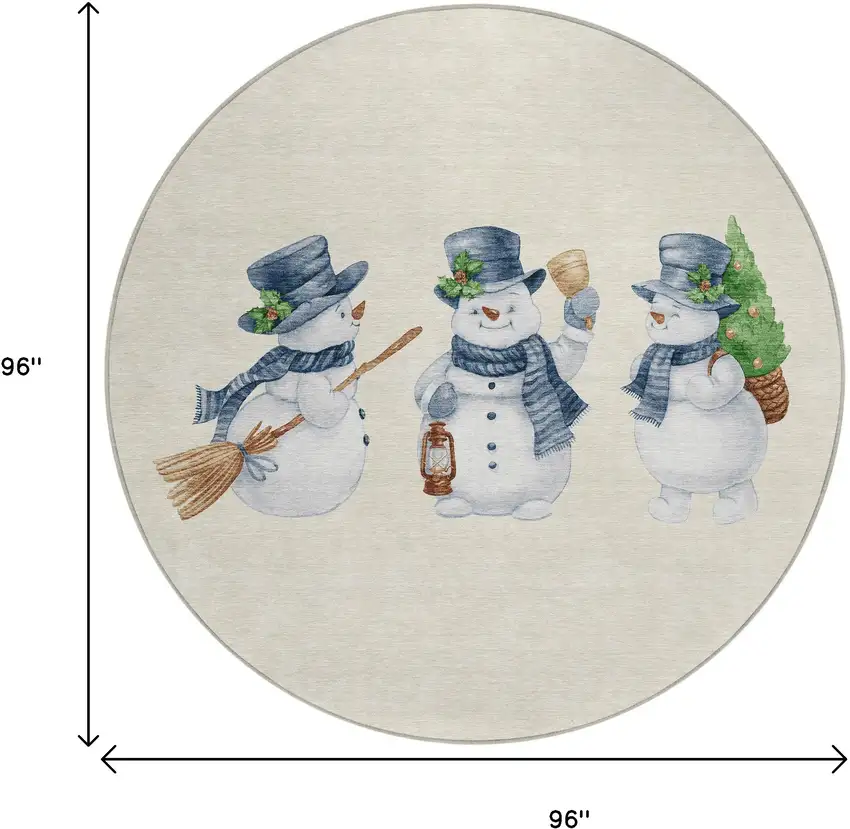 8' Ivory And Denim Blue Round Snowmen Washable Indoor Outdoor Area Rug Photo 9