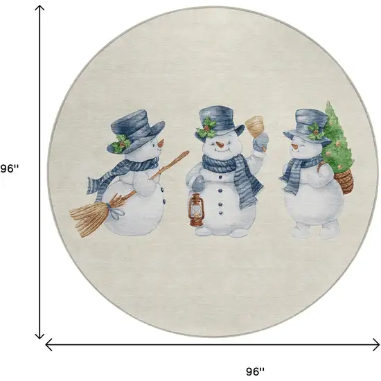 8' Ivory And Denim Blue Round Snowmen Washable Indoor Outdoor Area Rug Photo 9