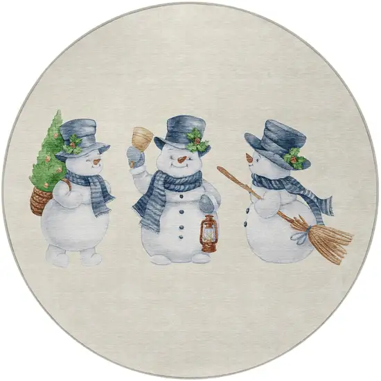 8' Ivory And Denim Blue Round Botanical Leaves Washable Indoor Outdoor Area Rug Photo 4