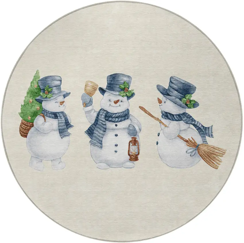 8' Ivory And Denim Blue Round Botanical Leaves Washable Indoor Outdoor Area Rug Photo 4