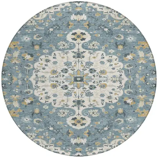 8' Ivory And Denim Blue Round Floral Medallion Washable Indoor Outdoor Area Rug Photo 3